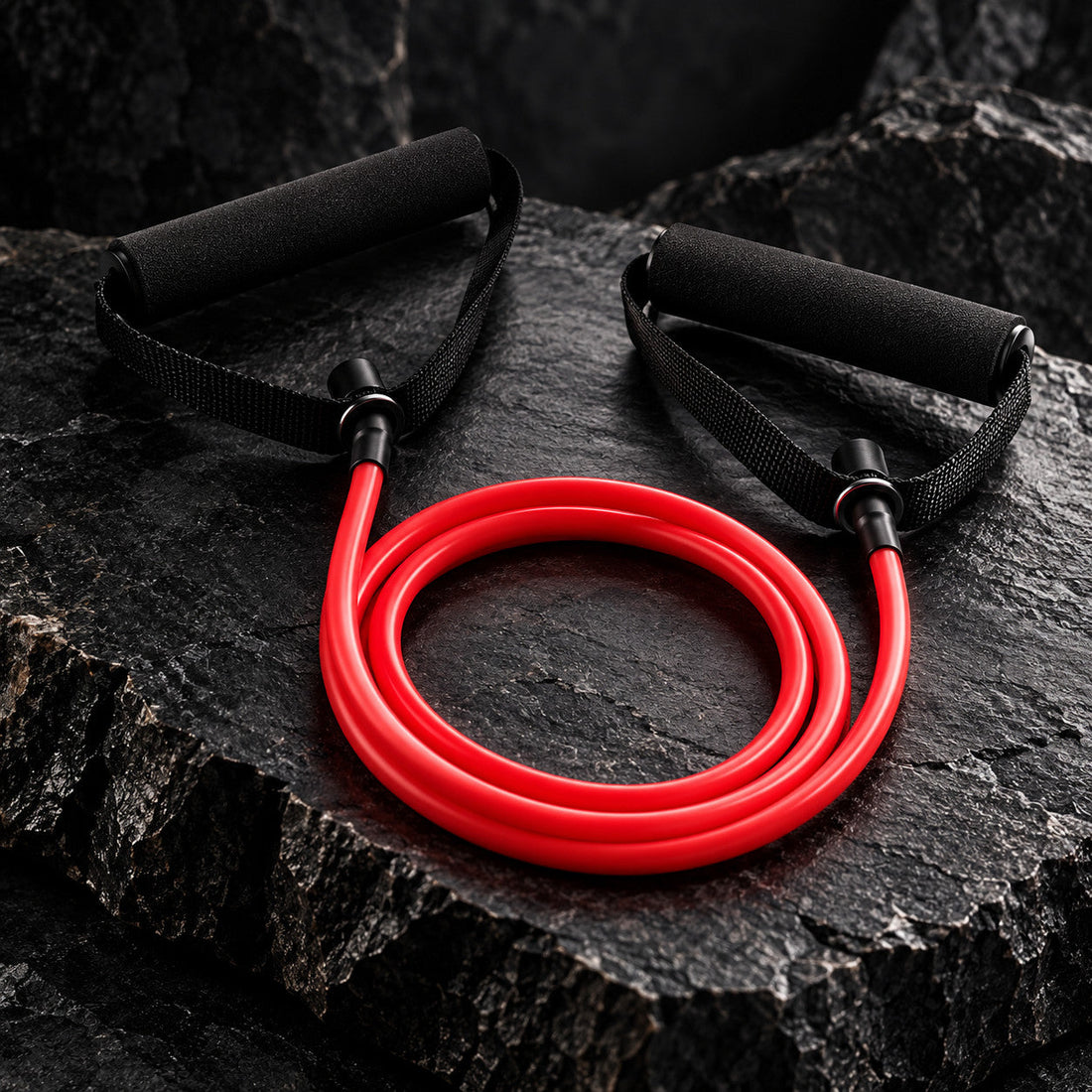 Élastique de résistance rouge 20 lb avec poignées noires, photo principale premium sur pierre sombre