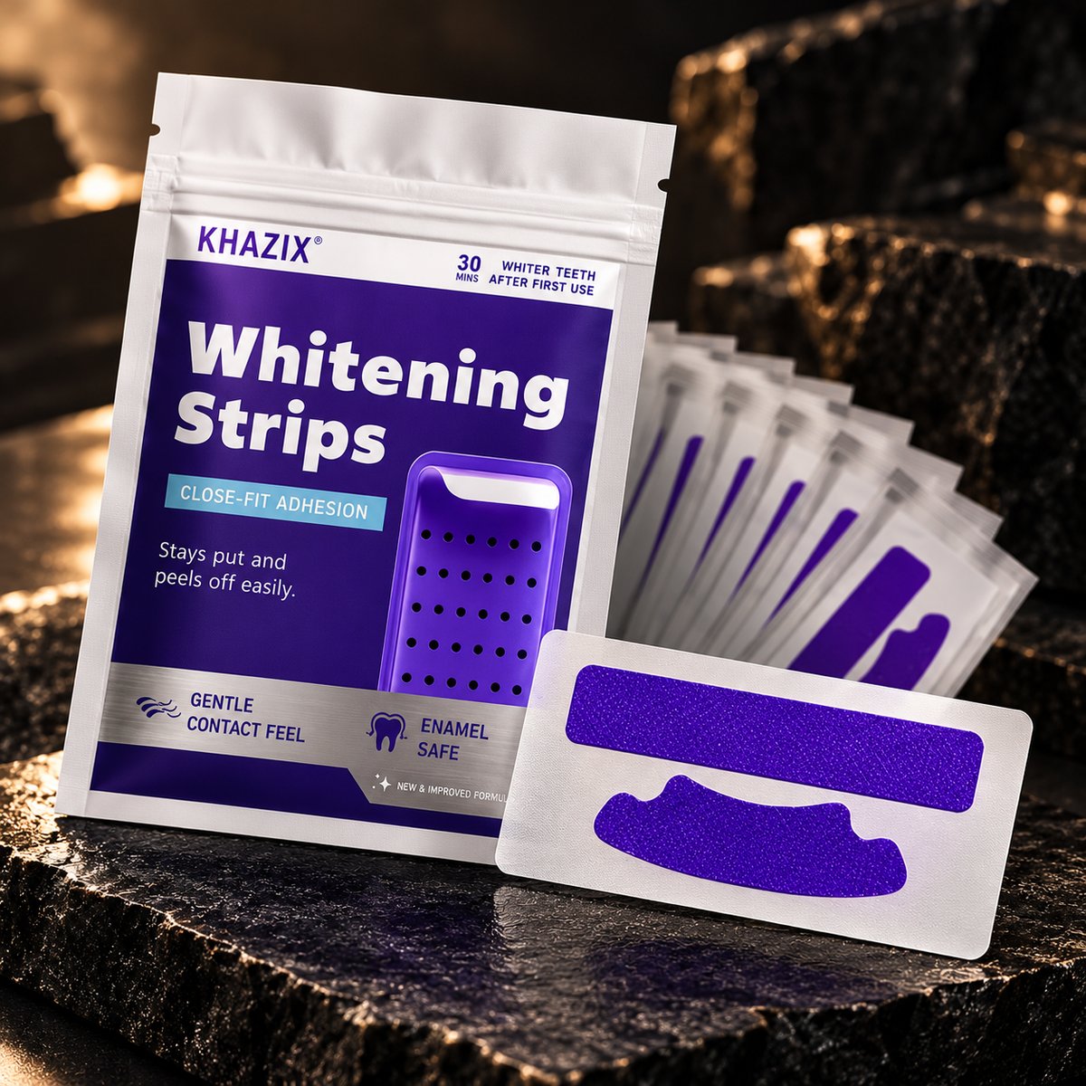 Sachet KHAZIX Whitening Strips violet et blanc, mise en scène premium sur pierre sombre