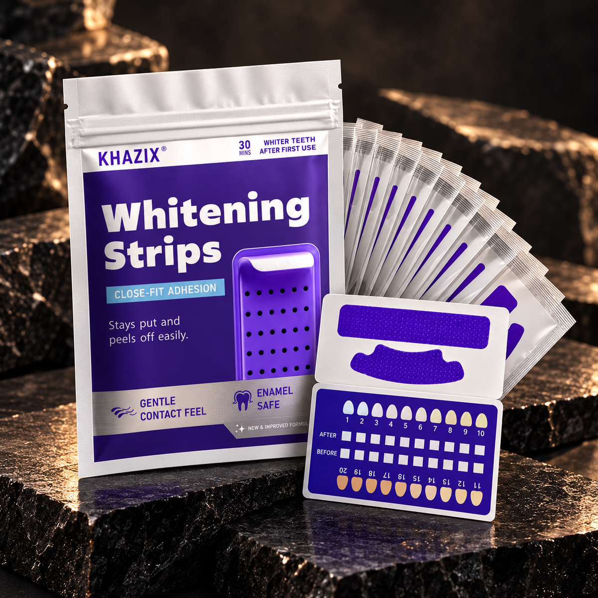 Pack KHAZIX et bandes dentaires violettes sur pierre noire, angle complémentaire