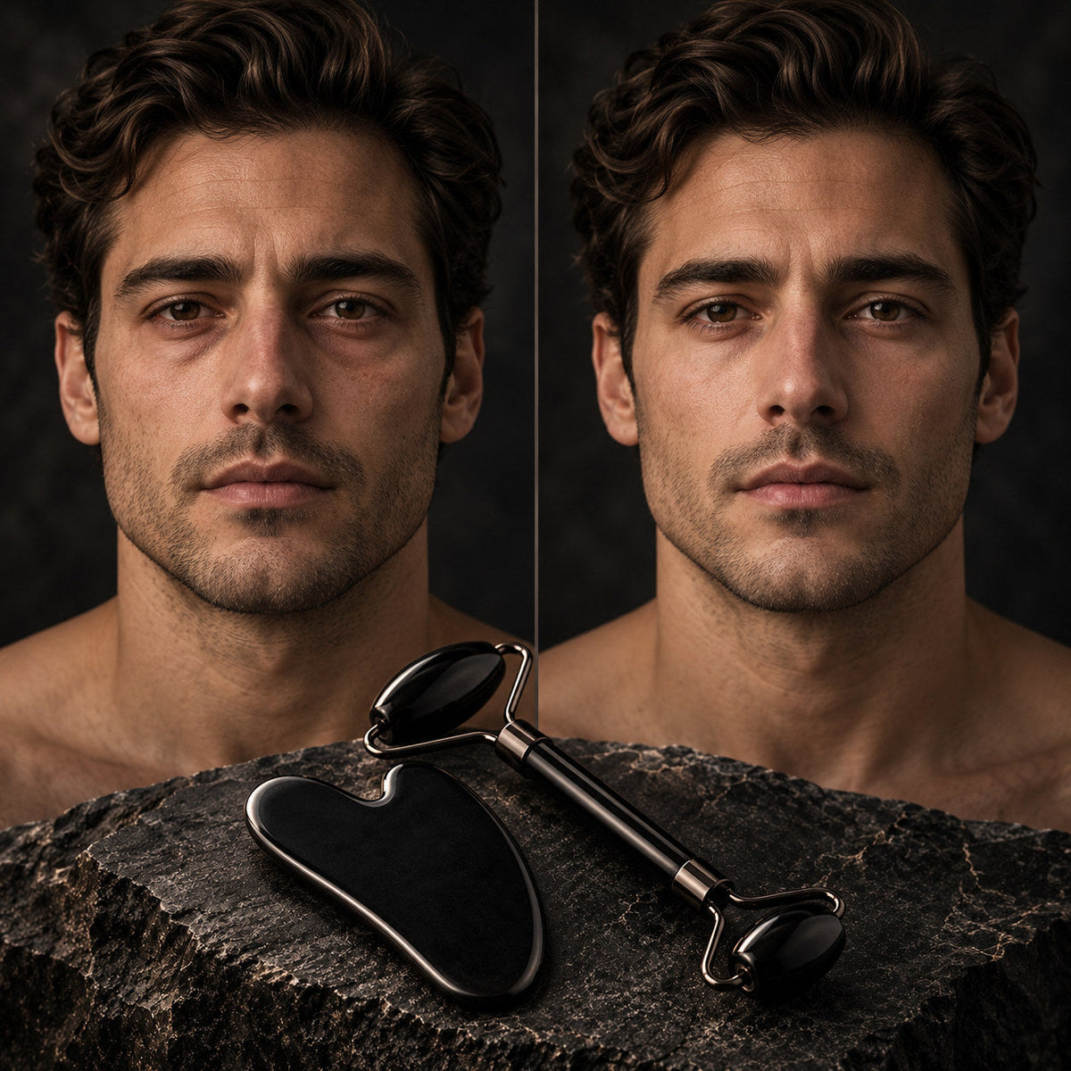 Illustration conceptuelle avant après d'une routine gua sha avec accessoires noirs, résultat non garanti